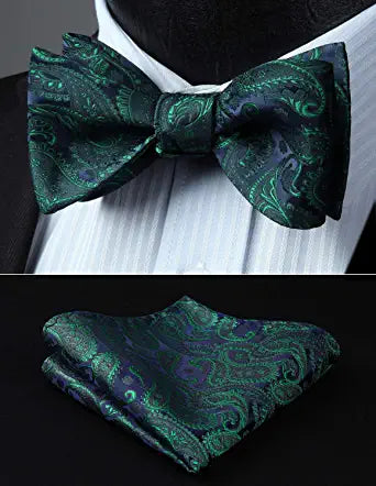 Floral Paisley Suspender Pre Tied Bow Tie Handkerchief 9 Green Navy Blue 02
