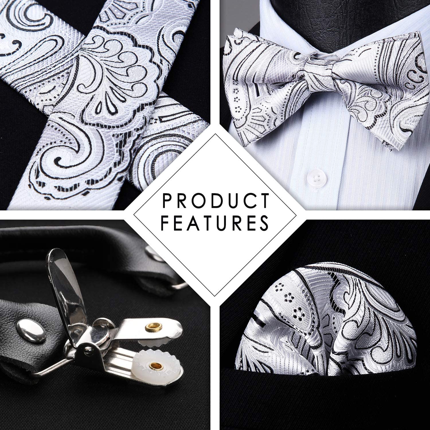 Paisley Floral Suspender Pre-Tied Bow Tie Handkerchief - B2-SILVER/GRAY