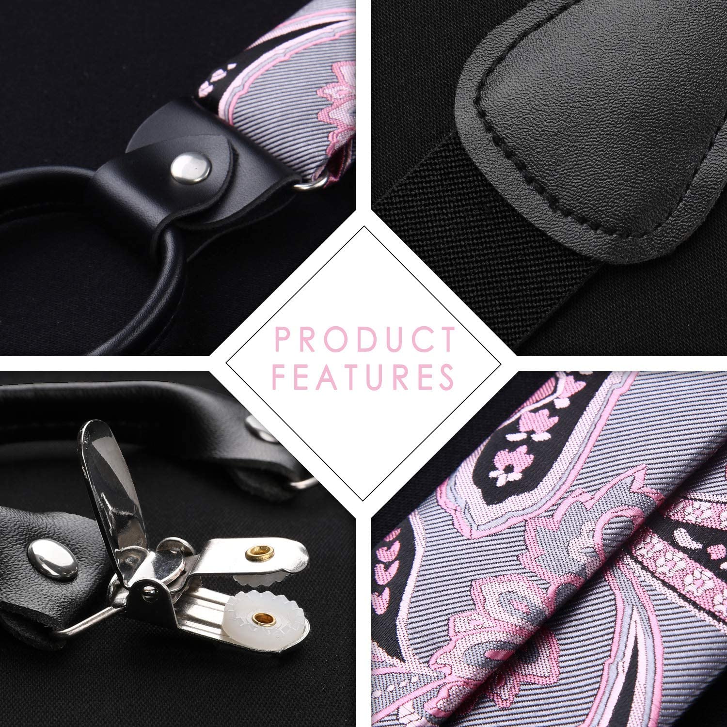 Paisley Floral Suspender Pre-Tied Bow Tie Handkerchief - B3-PINK/GRAY