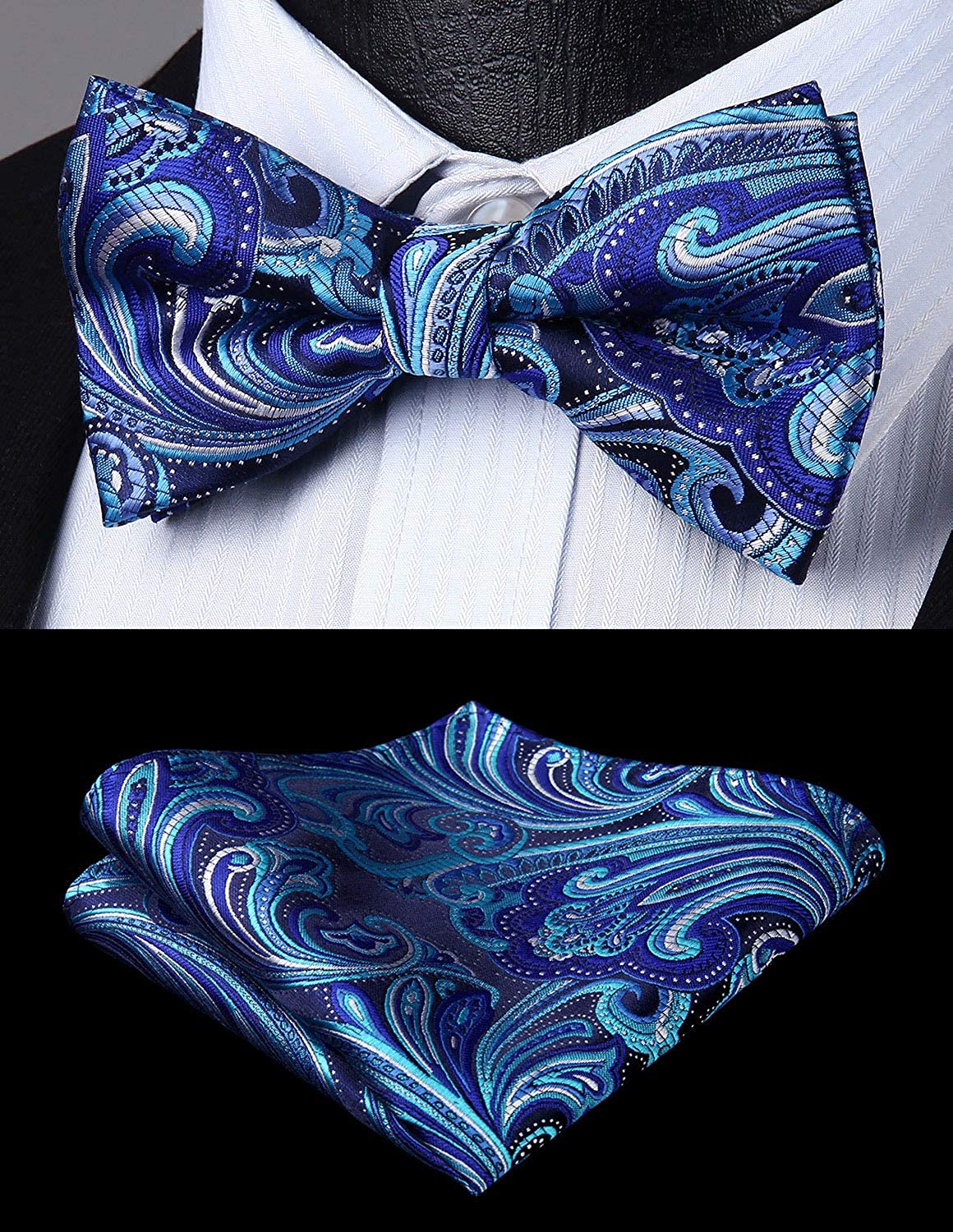 Floral Paisley Suspender Pre Tied Bow Tie Handkerchief B10 Blue White