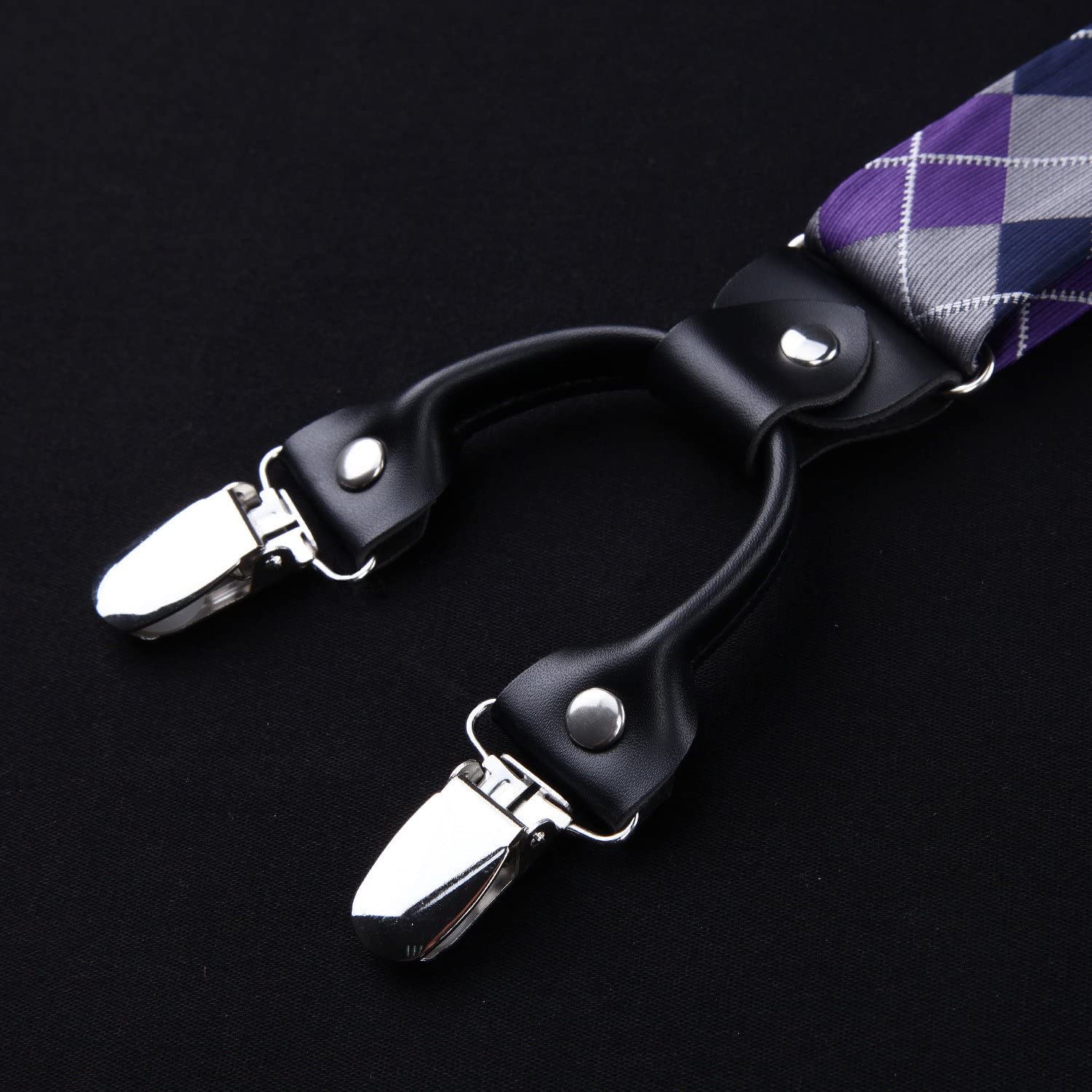 Plaid Suspender Pre Tied Bow Tie Handkerchief Purple Gray