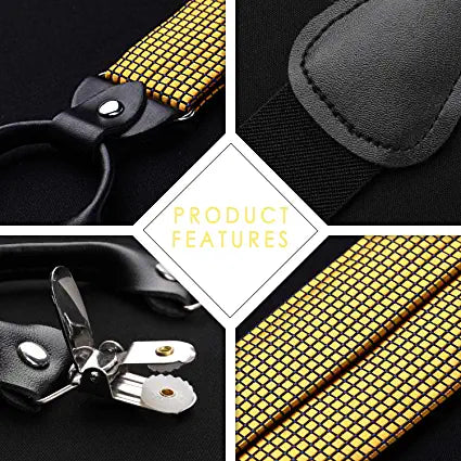 Plaid Suspender Pre Tied Bow Tie Handkerchief B7 Gold