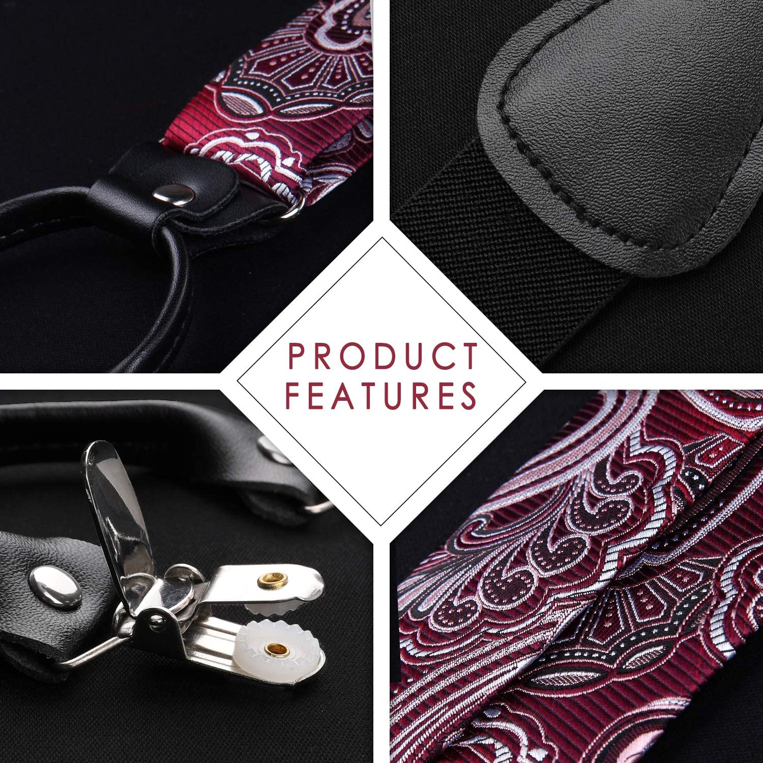 Paisley Floral Suspender Bow Tie Handkerchief - 3-RED/BURGUNDY/SILVER