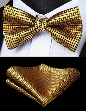 Plaid Suspender Pre Tied Bow Tie Handkerchief B7 Gold