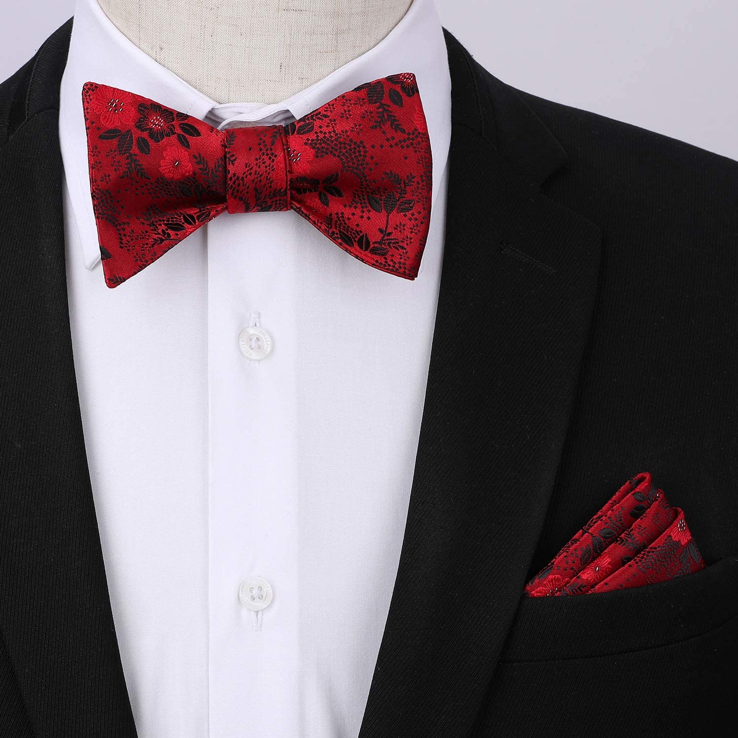 Floral Paisley Suspender Bow Tie Handkerchief 2 Red Black 01