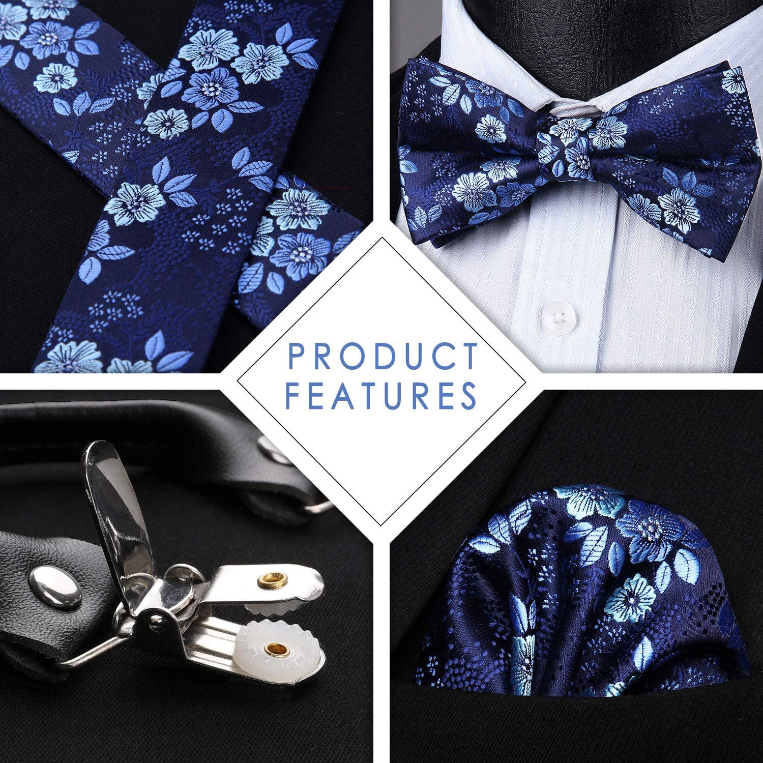 Paisley Floral Suspender Pre Tied Bow Tie Handkerchief A3 Blue