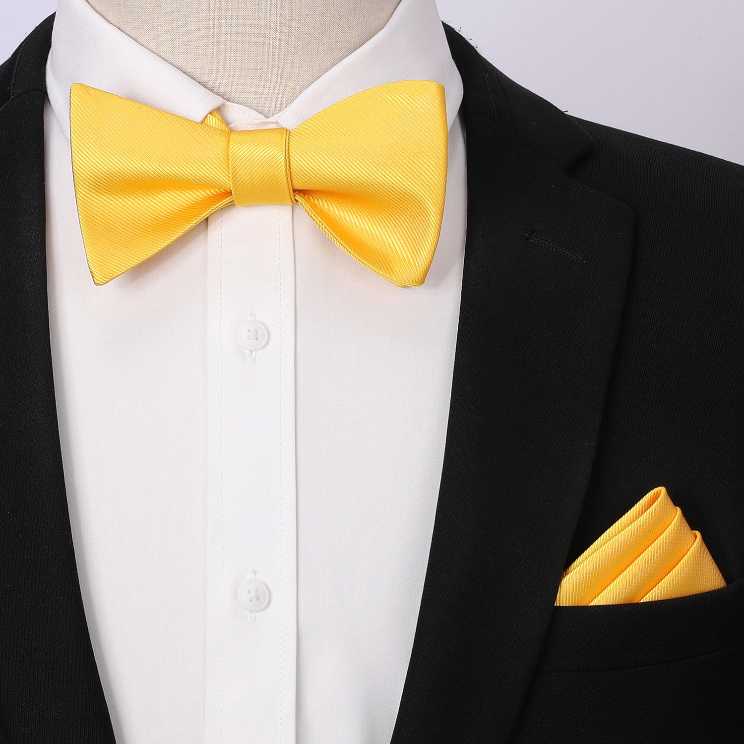 Solid Pre-Tied Bow Tie & Pocket Square - L1-YELLOW