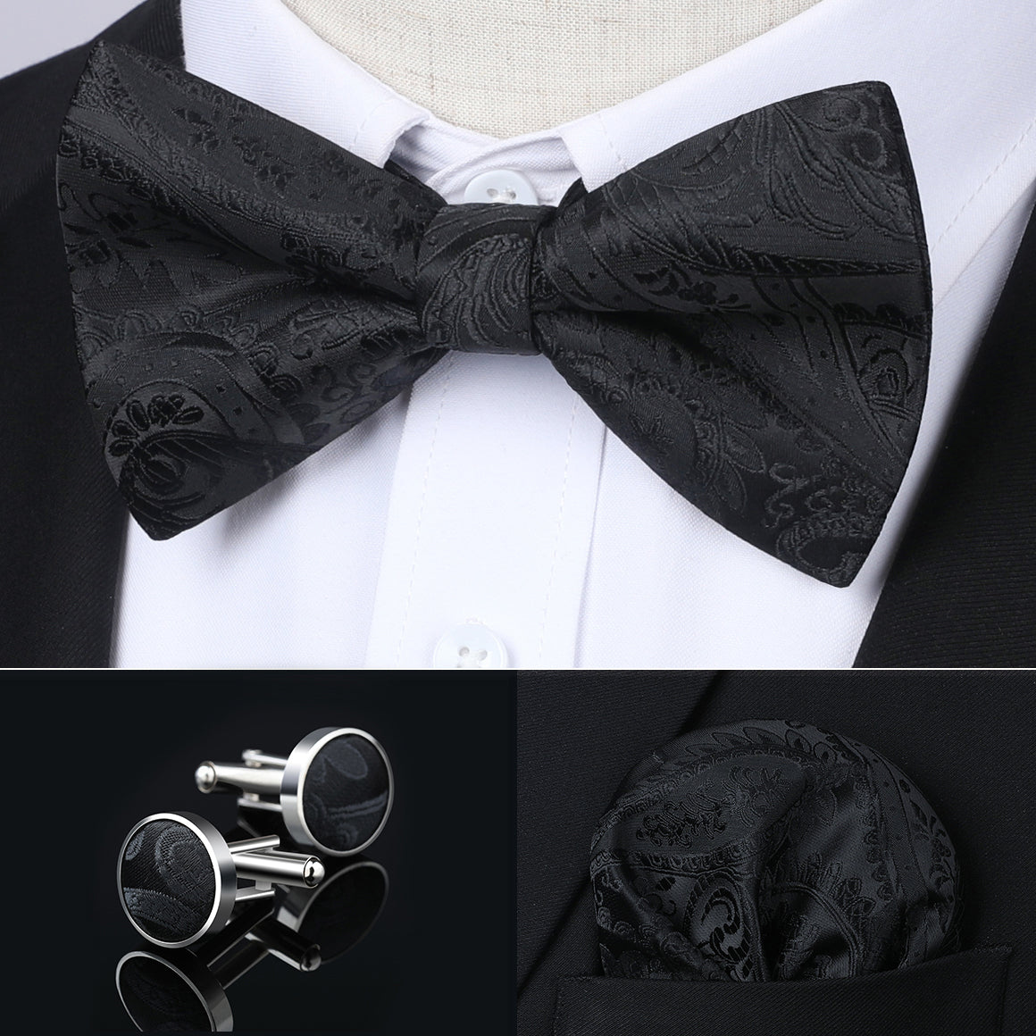 Paisley Pre-Tied Bow Tie & Pocket Square - BLACK