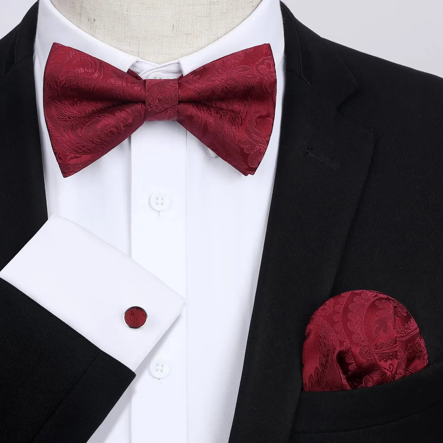 Paisley Pre-Tied Bow Tie Pocket Square Cufflinks - BURGUNDY