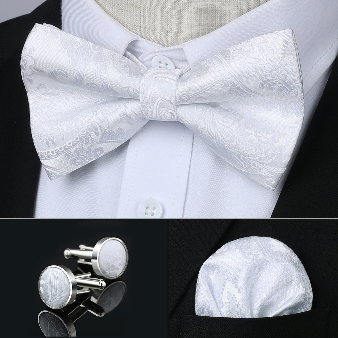 Paisley Pre-Tied Bow Tie & Pocket Square - WHITE