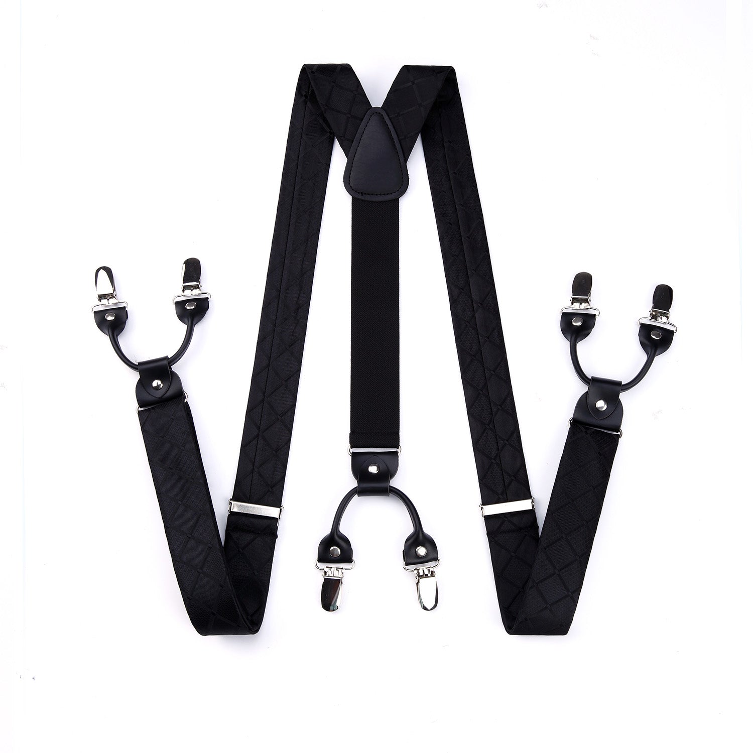 Plaid Suspender Pre Tied Bow Tie Handkerchief Black