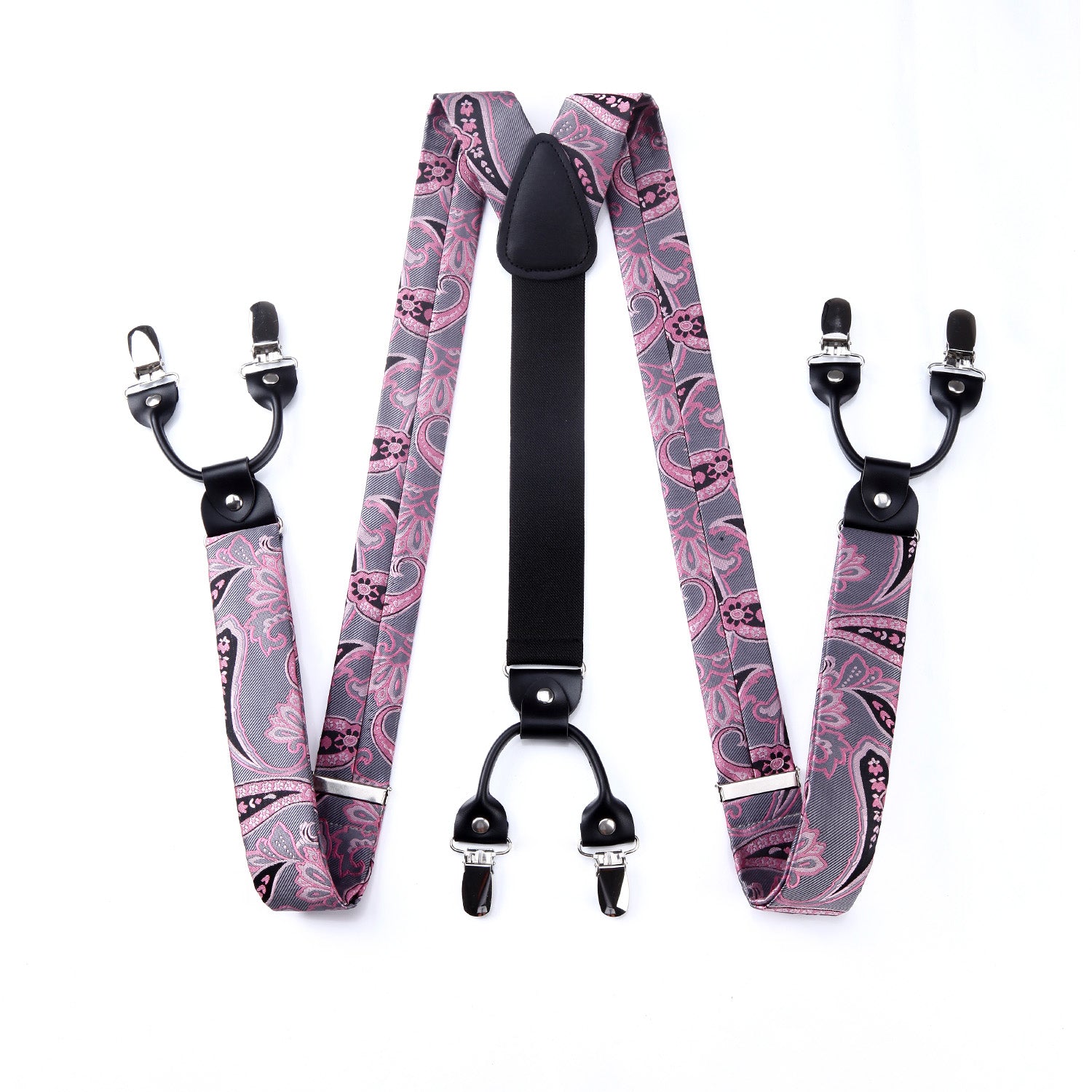 Paisley Floral Suspender Pre-Tied Bow Tie Handkerchief - B3-PINK/GRAY