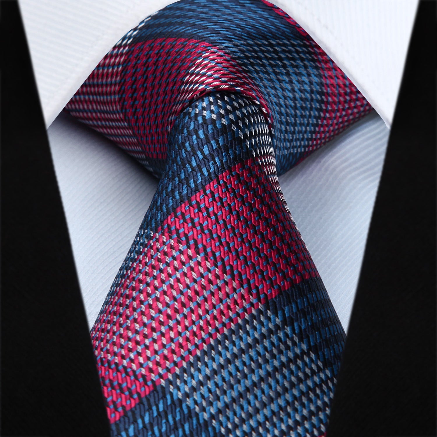 Plaid Tie Handkerchief Set - RED/NAVY BLUE