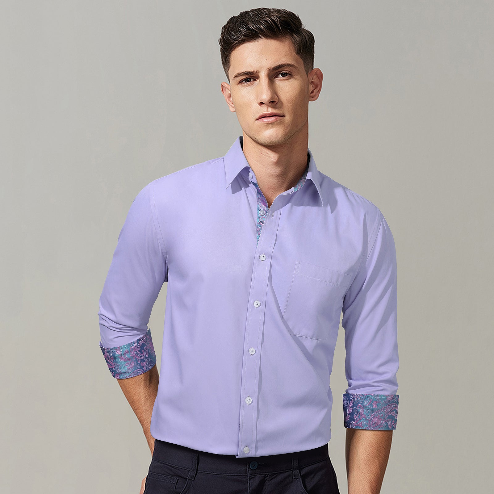 Casual Formal Shirt With Pocket Purple Pink