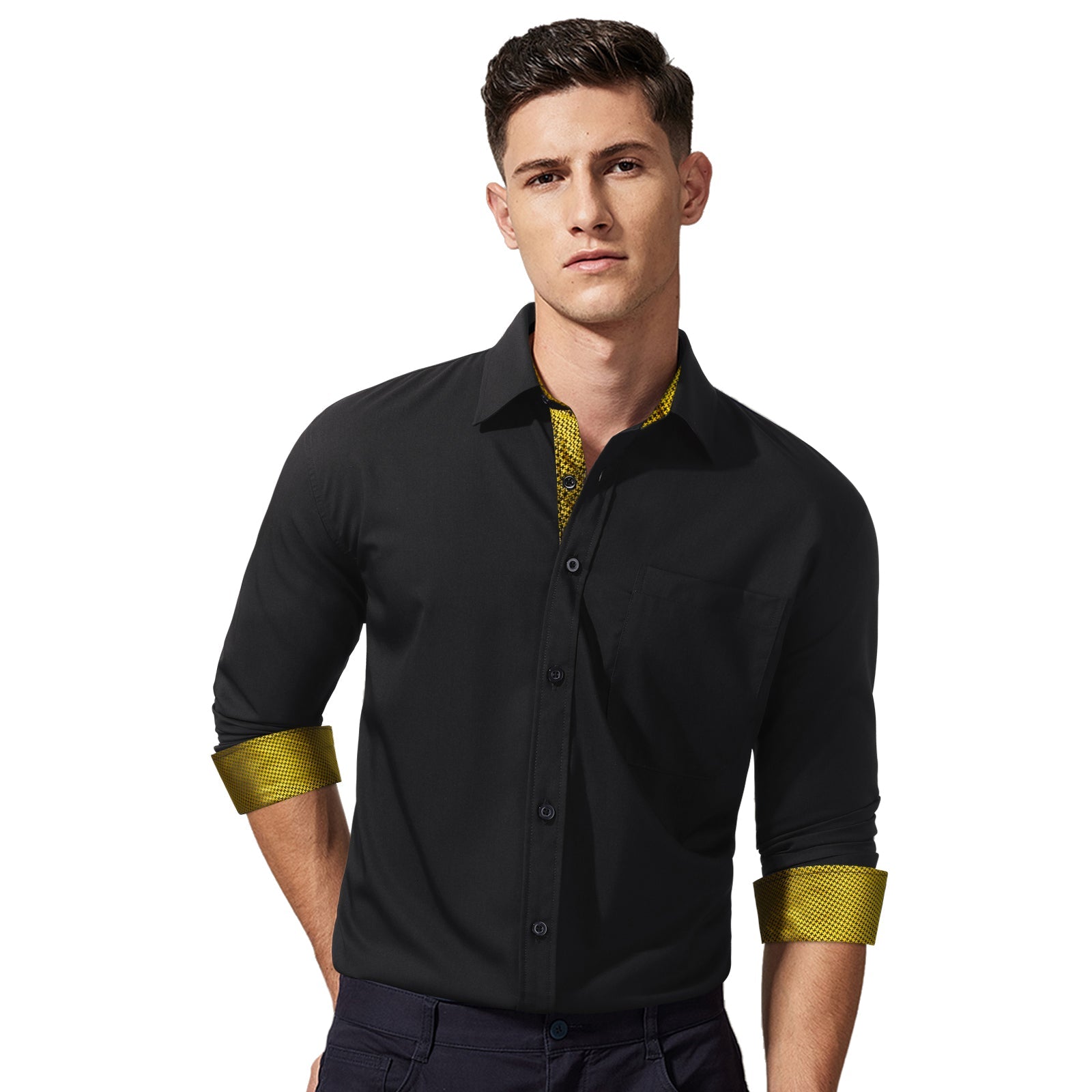 Casual Formal Shirt with Pocket - 03-BLACK/GOLD