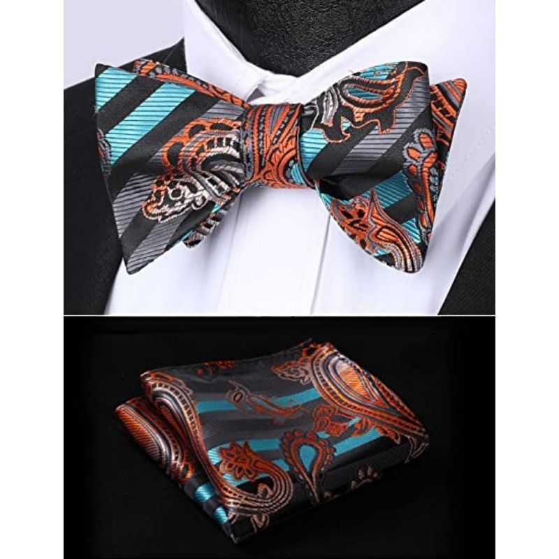 Paisley Bow Tie & Pocket Square - B-AQUA/ORANGE