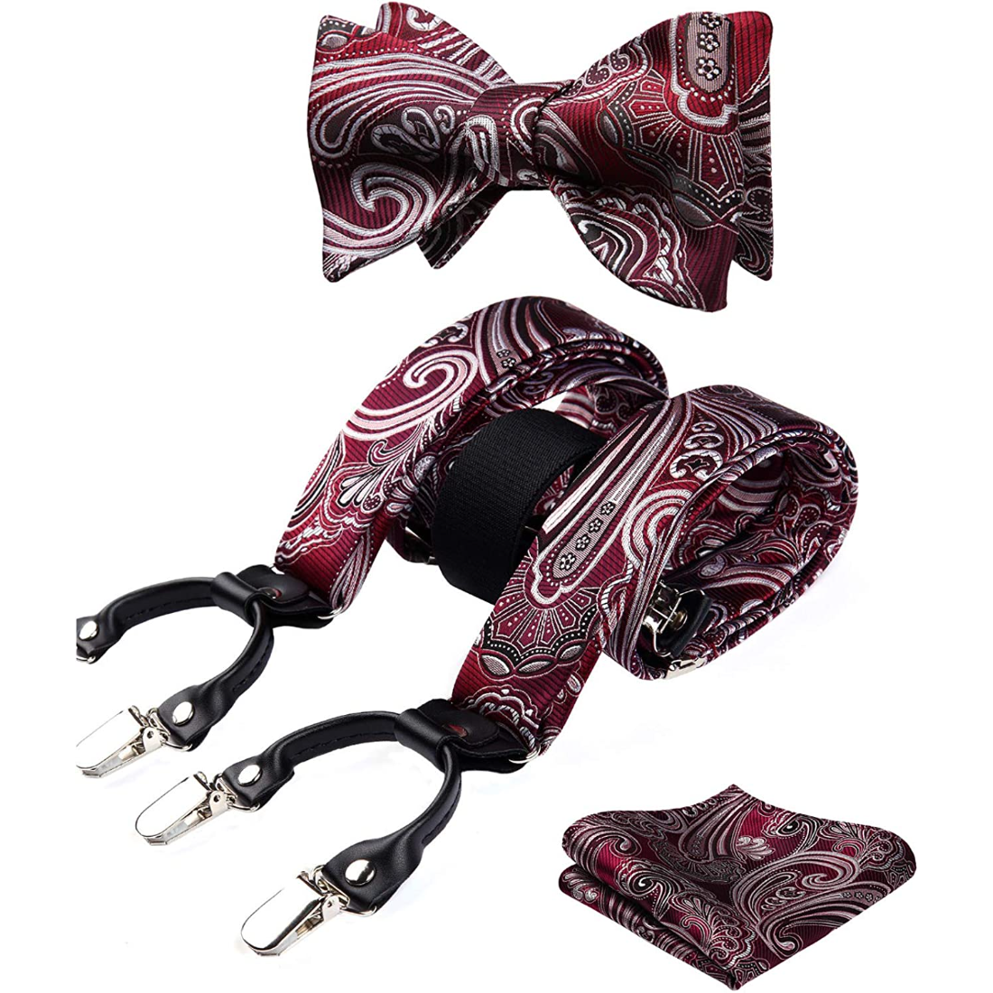 Paisley Floral Suspender Bow Tie Handkerchief - 3-RED/BURGUNDY/SILVER
