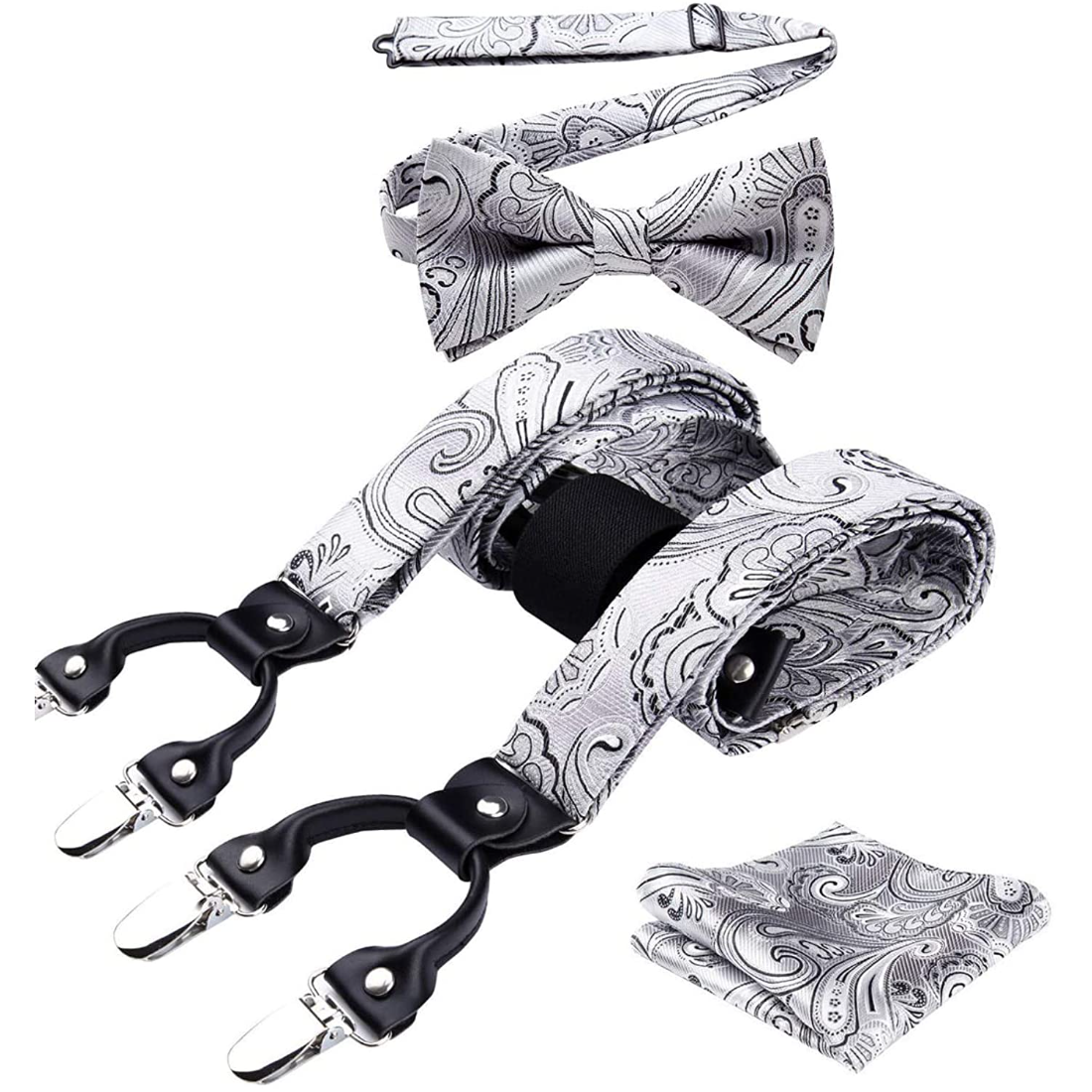 Paisley Floral Suspender Pre-Tied Bow Tie Handkerchief - B2-SILVER/GRAY