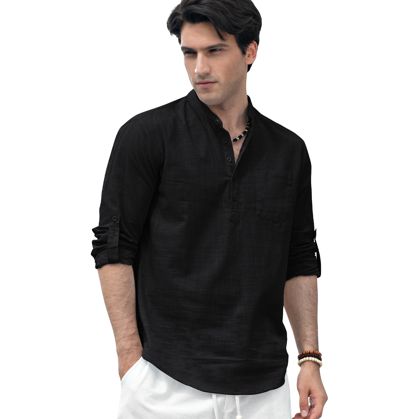 Casual Henley Shirt with Pocket - BLACK