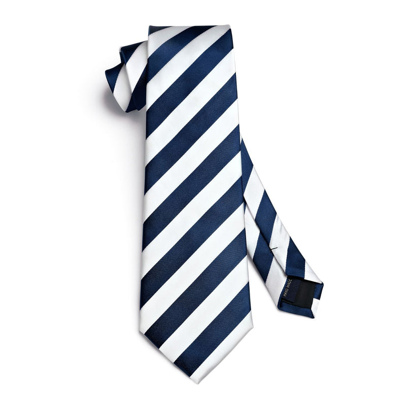 Stripe Tie Handkerchief Set - A- NAVY BLUE WHITE