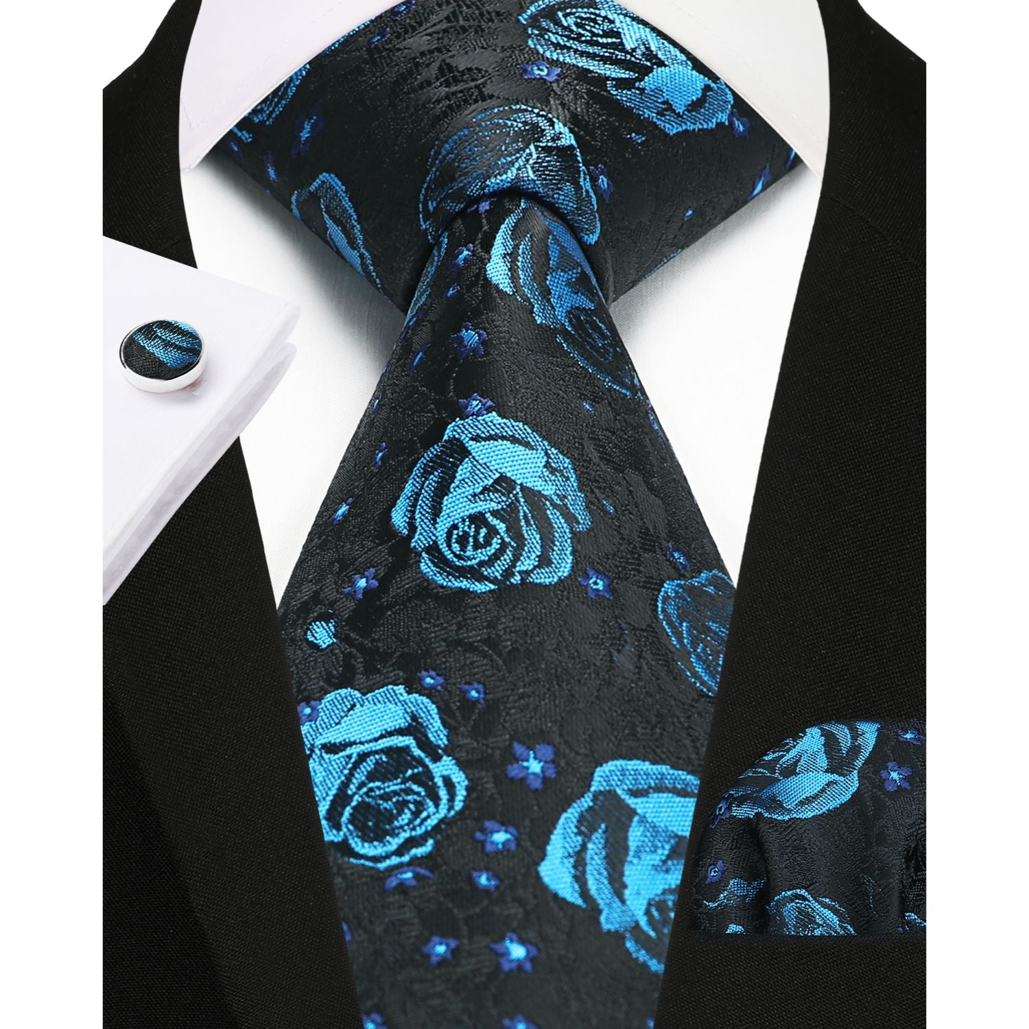 Floral Tie Handkerchief Cufflinks - 1-NAVY BLUE FLORAL