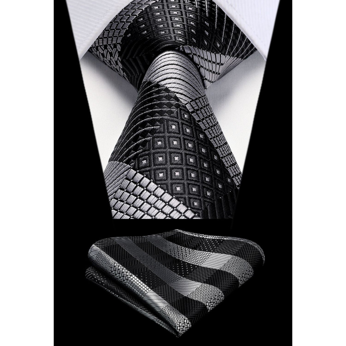 Plaid Tie Handkerchief Set - A-BLACK GREY