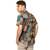 Hawaiian Tropical Shirts with Pocket - NAVY BLUE/ORANGE 