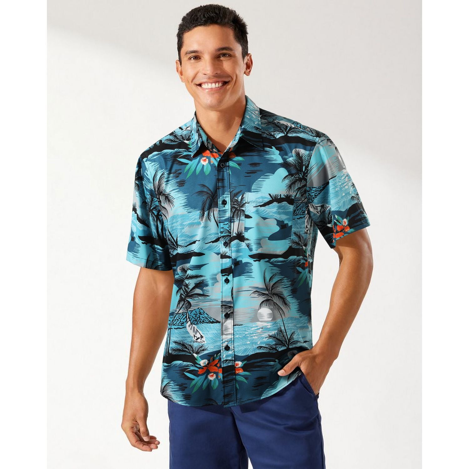 Hawaiian Tropical Shirts with Pocket - Z01- BLUE