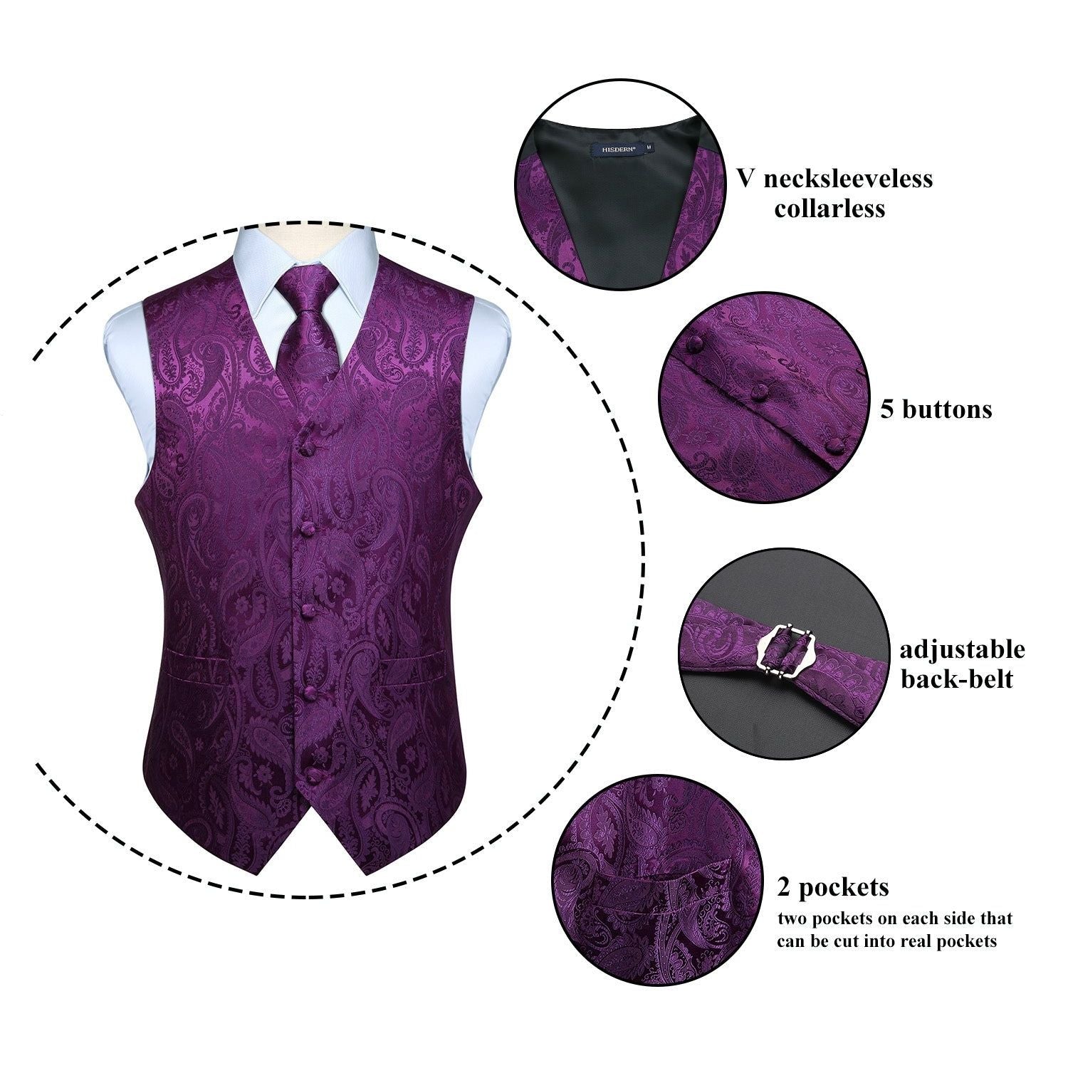 Paisley Vest Tie Handkerchief Set - PURPLE