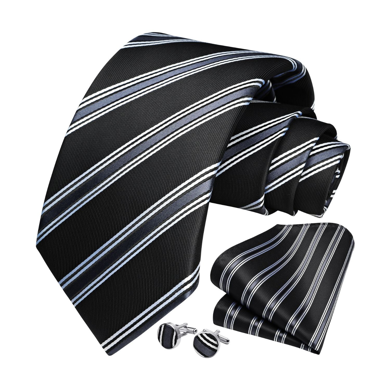 Stripe Tie Handkerchief Cufflinks - 03-BLACK3