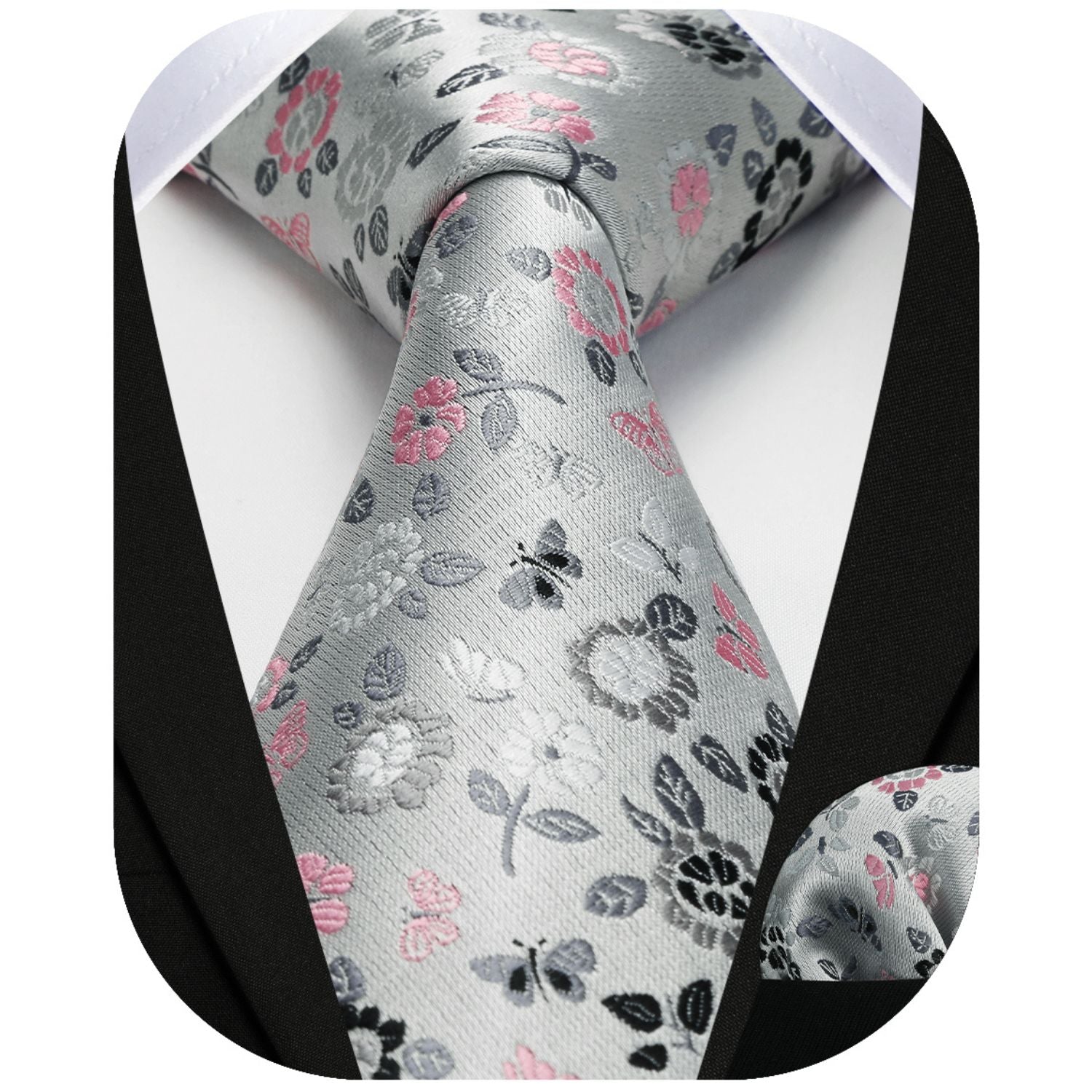 Floral Tie Handkerchief Set - B-GRAY/PINK