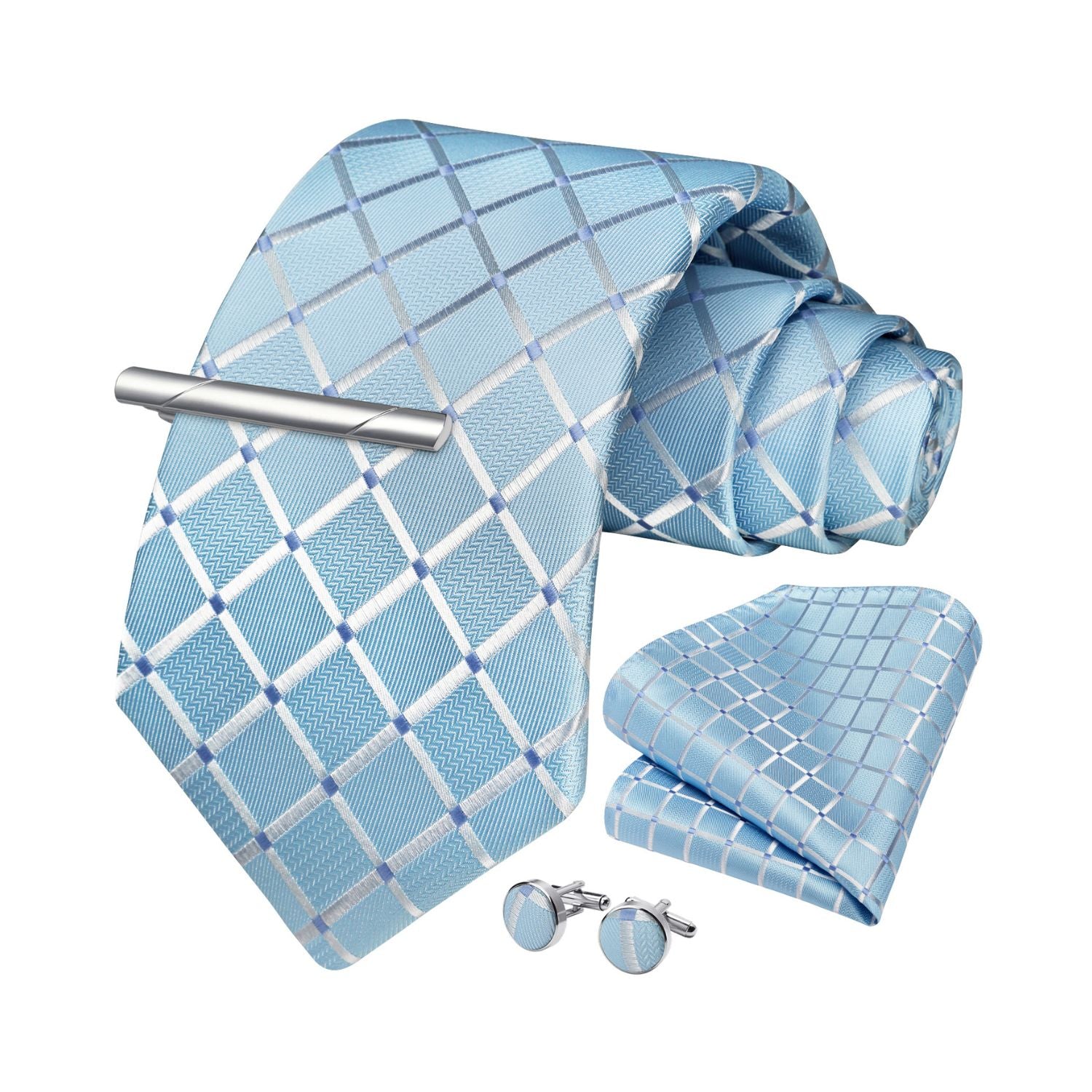 Plaid Tie Handkerchief Cufflinks Clip - BABY BLUE