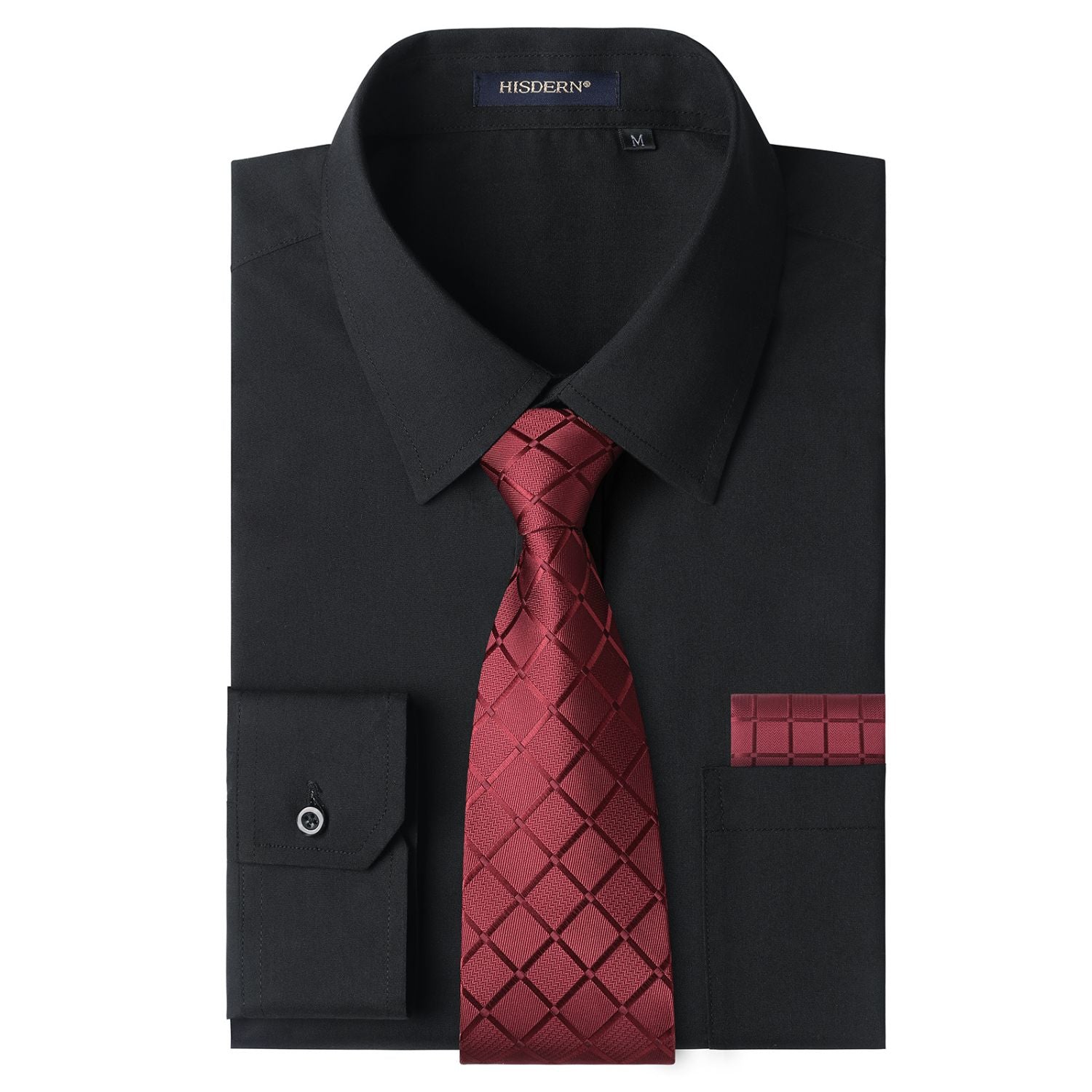 Men's Shirt with Tie Handkerchief Set - 01-BLACK/RED