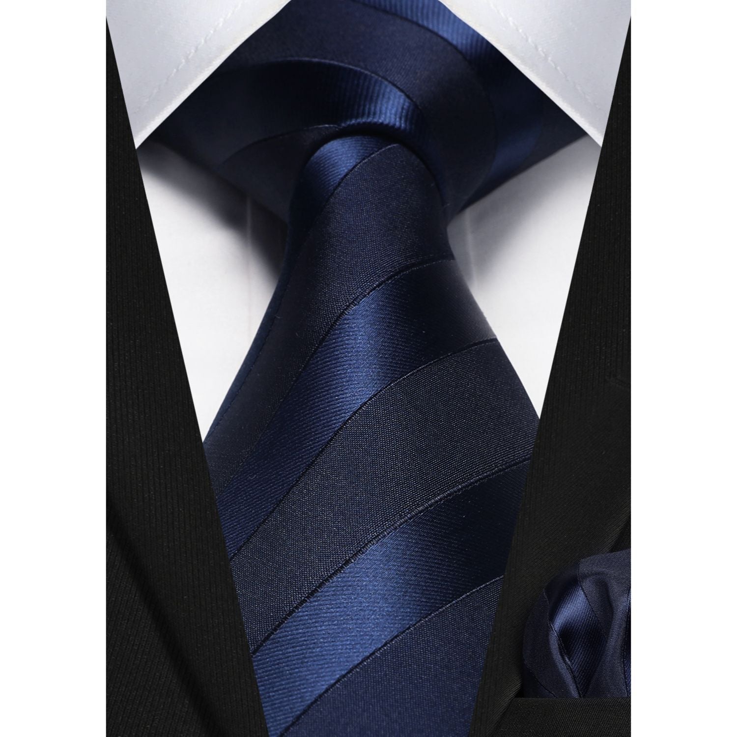 Stripe Tie Handkerchief Set - 03-NAVY BLUE