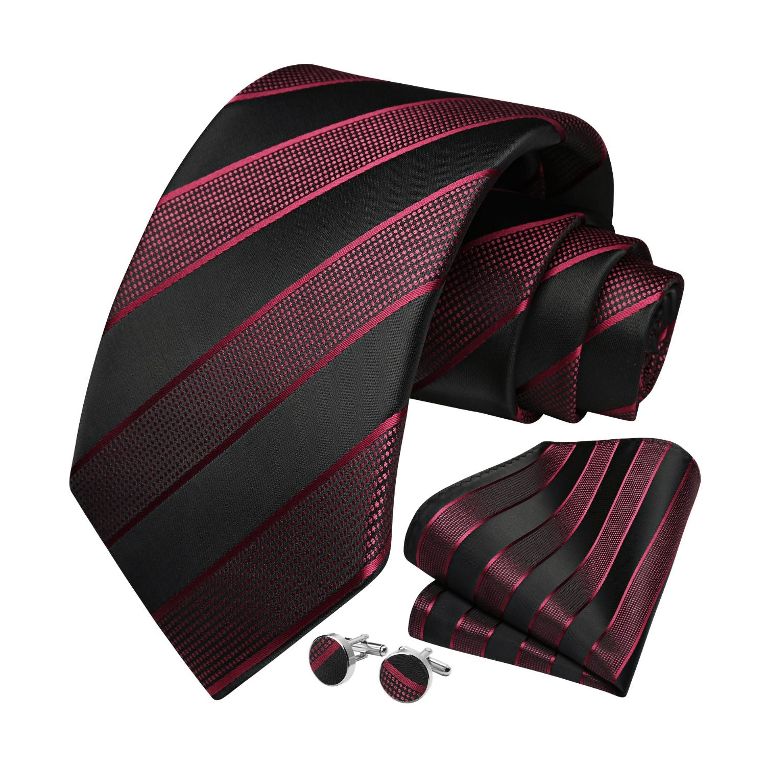 Stripe Tie Handkerchief Cufflinks - 02A-RED/BLACK