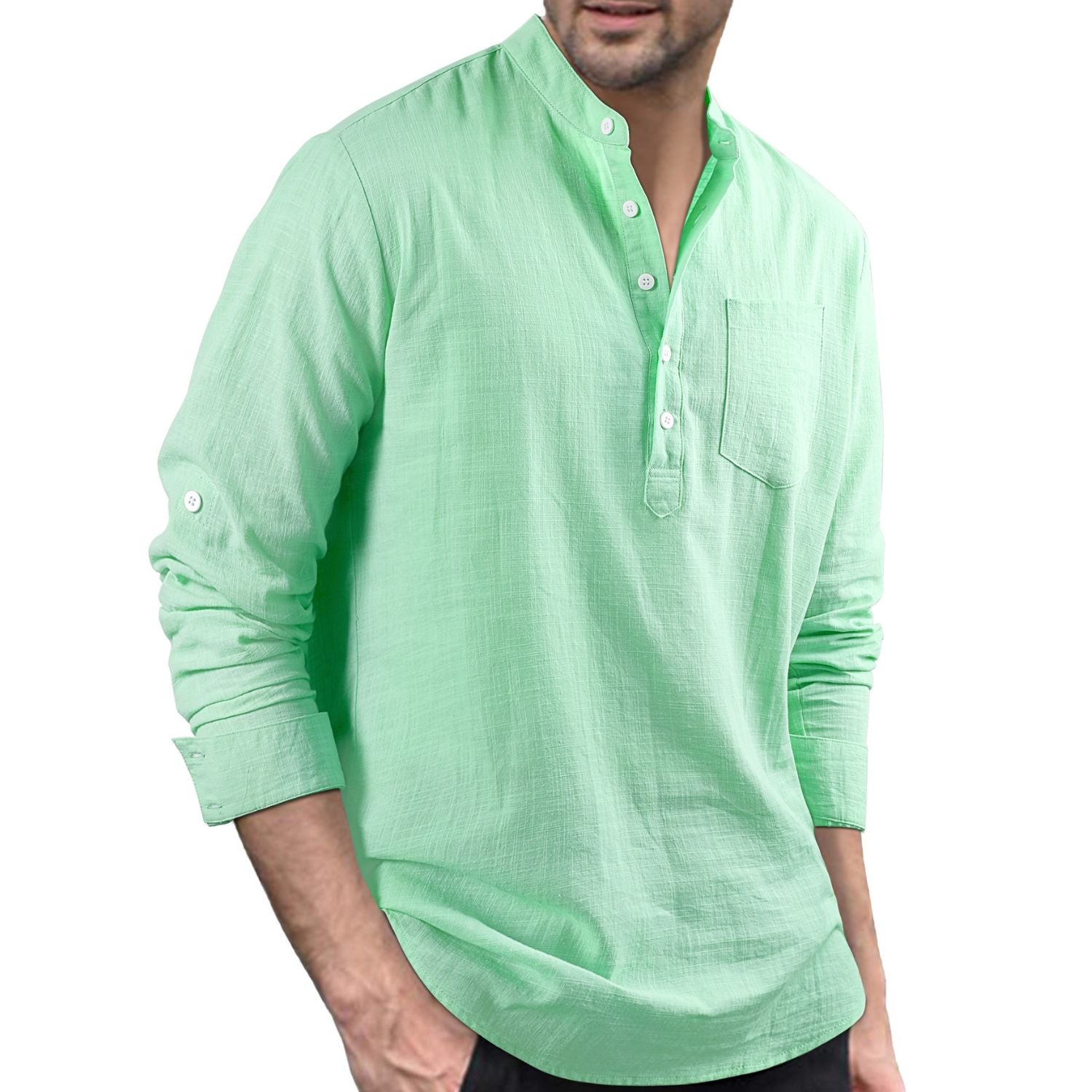 Casual Henley Shirt with Pocket - GREEN