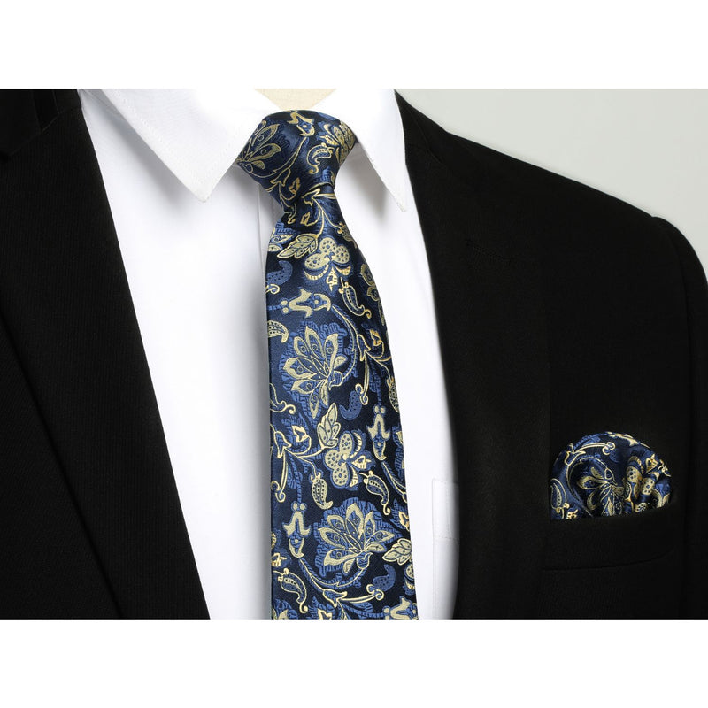 Floral Tie Handkerchief Set - 20 NAVY BLUE 