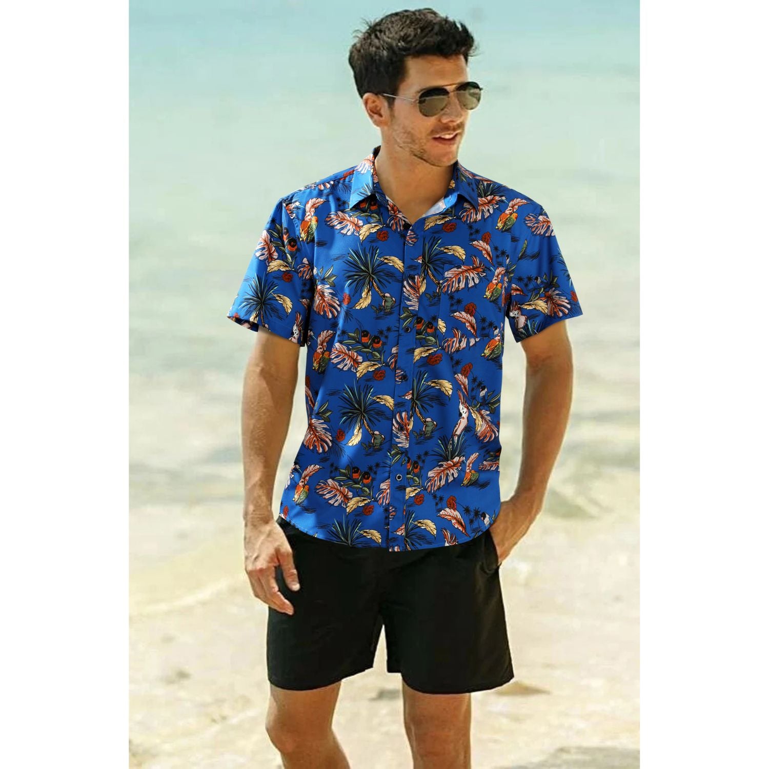 Hawaiian Tropical Shirts with Pocket - B-02 BLUE