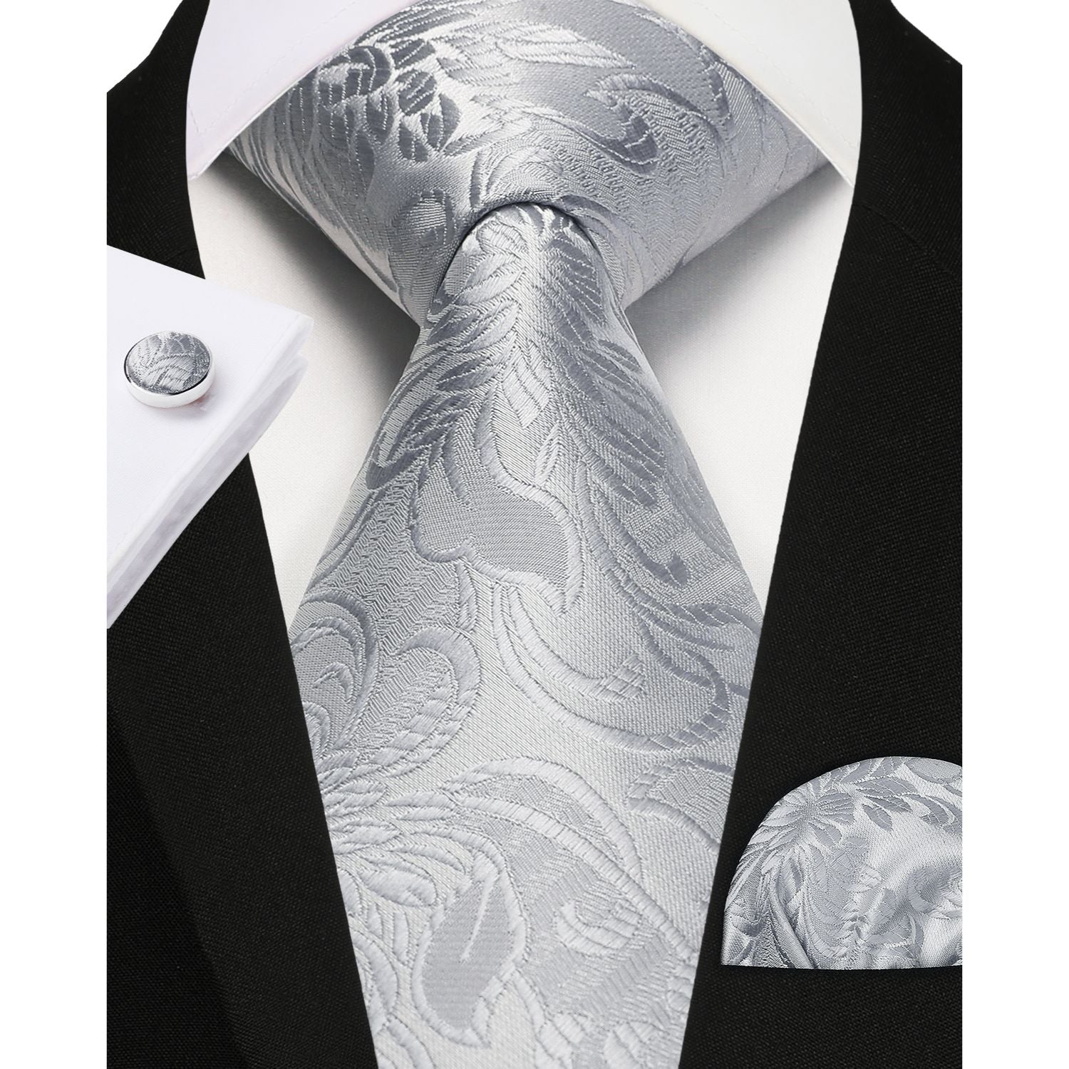 Floral Tie Handkerchief Cufflinks - 1A-WHITE