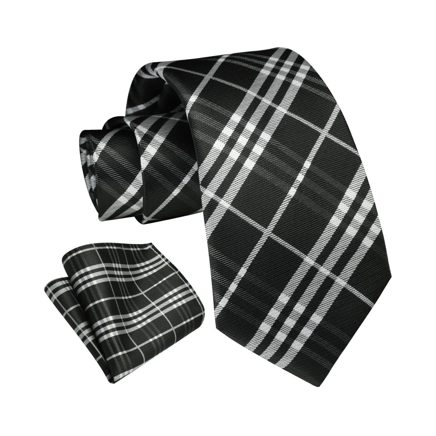 Plaid Tie Handkerchief Set - BLACK/WHITE