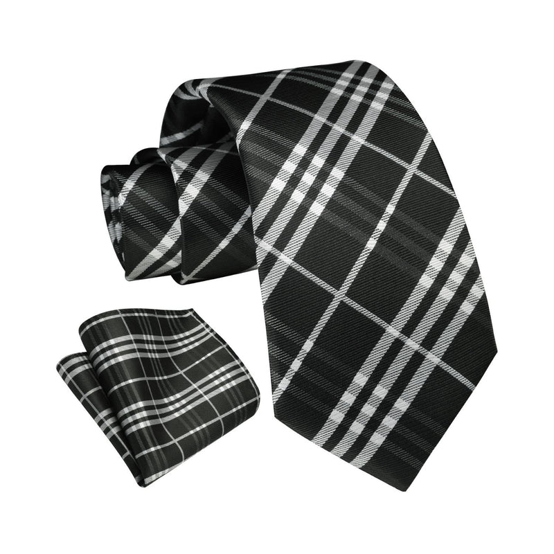 Plaid Tie Handkerchief Set - BLACK/WHITE 