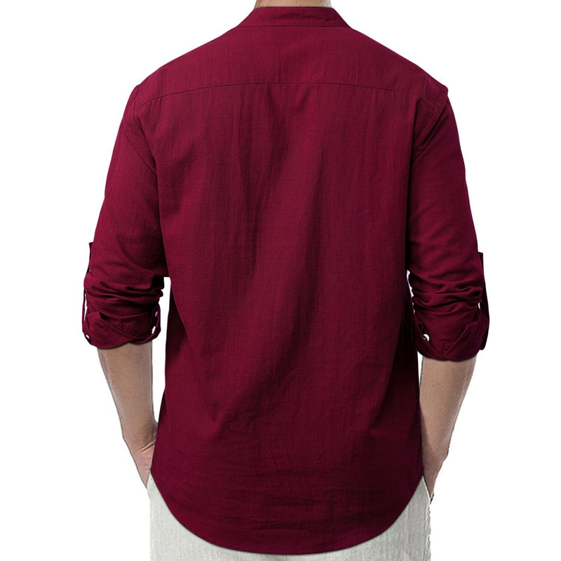 Casual Henley Shirt with Pocket - BURGUNDY 