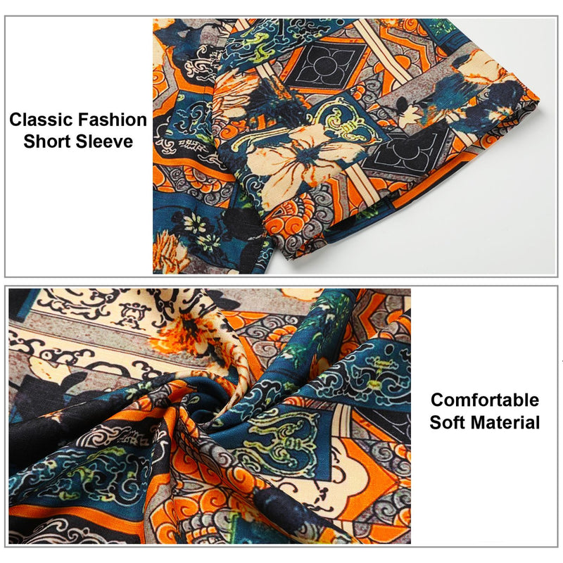 Hawaiian Tropical Shirts with Pocket - NAVY BLUE/ORANGE 