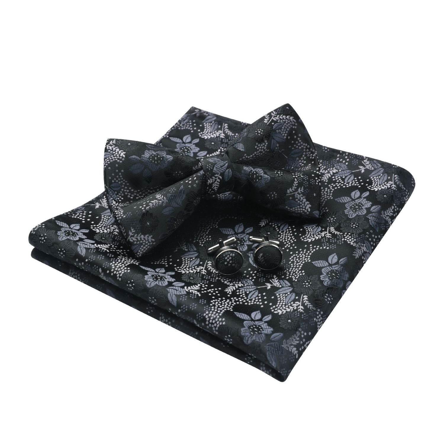 Floral Pre-Tied Bow Tie Handkerchief Cufflinks - BLACK FLORAL