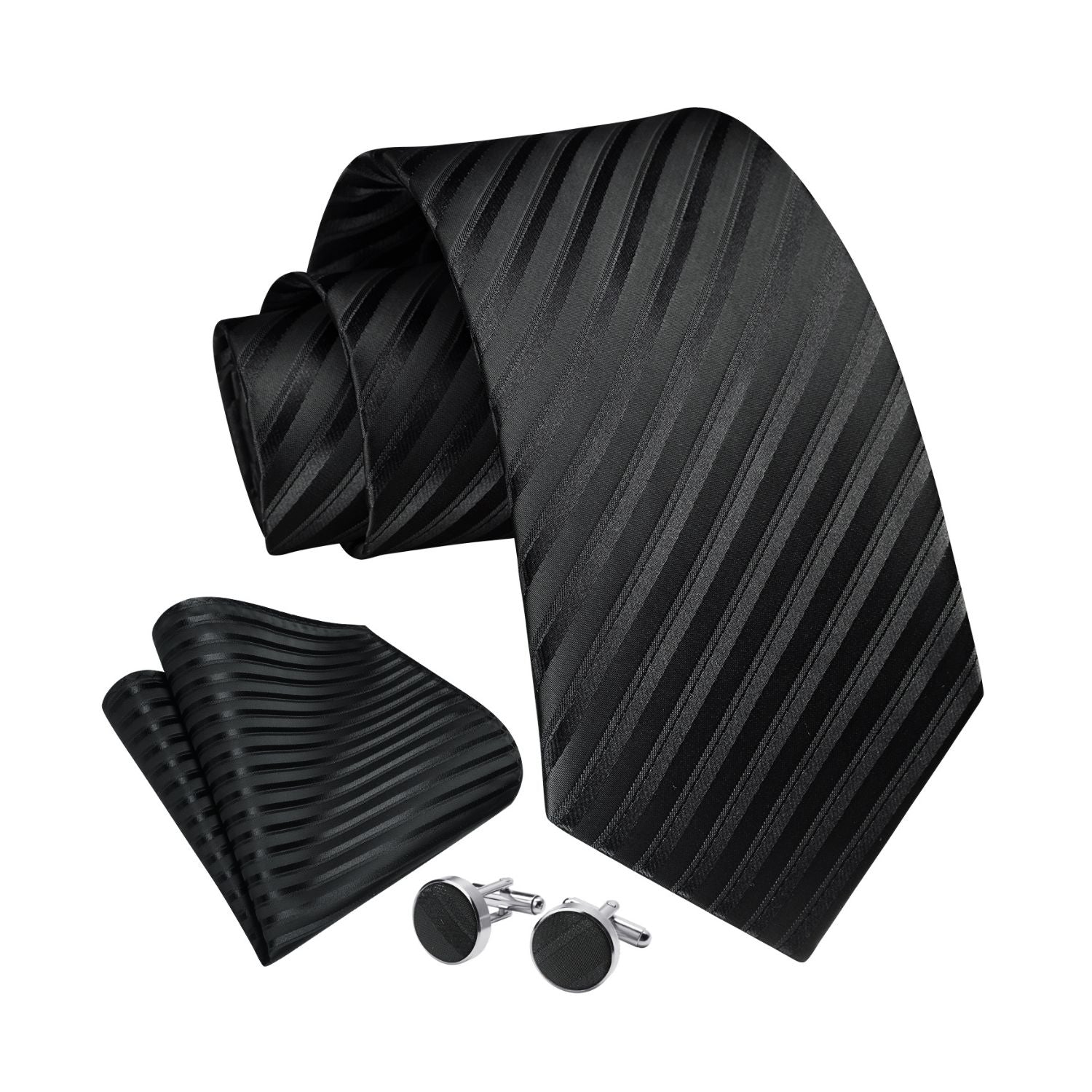Stripe Tie Handkerchief Cufflinks - BLACK