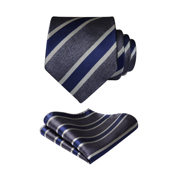 Stripe Tie Handkerchief Set - A-CHARCOAL/NAVY BLUE/GRAY 