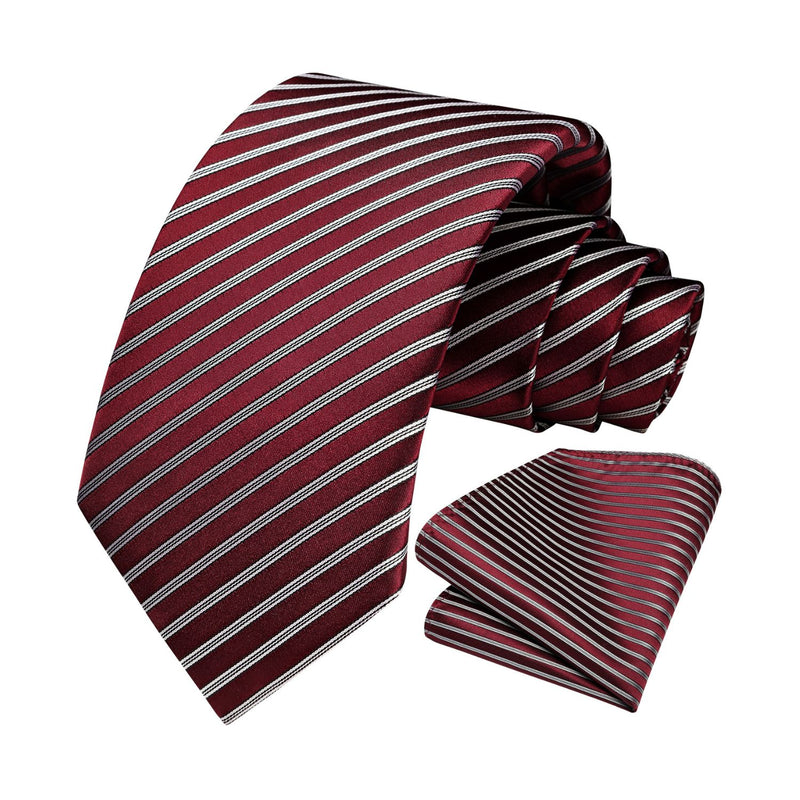 Stripe Tie Handkerchief Set - C- RED/WHITE