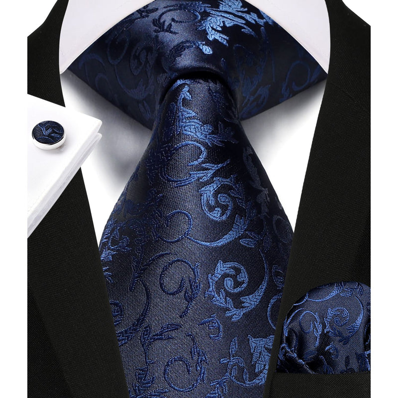 Paisley Tie Handkerchief Cufflinks - E2-NAVY BLUE 