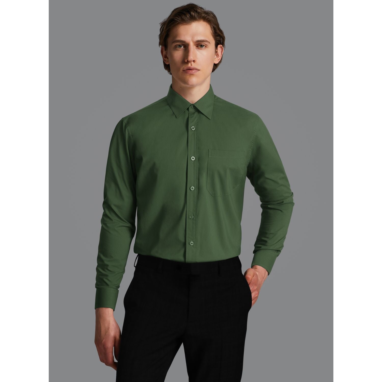 Casual Formal Shirt with Pocket - ARMY GREEN