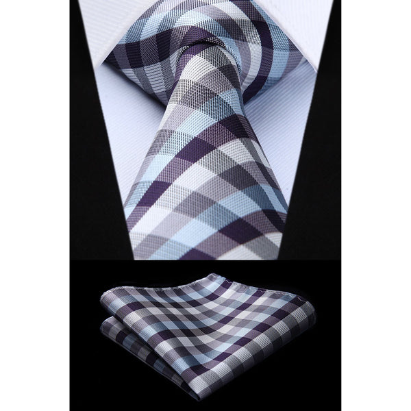 Plaid Tie Handkerchief Set - B-BLUE & GRAY/WHITE CHECK 